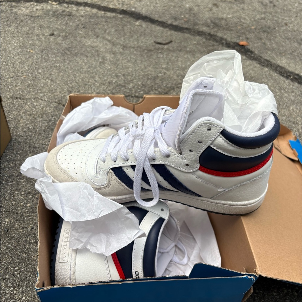 Adidas White Sneakers with Blue and Red Stripes